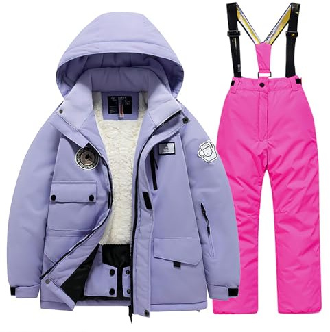Generisch Combinaison de ski pour enfant - Avec poche polaire - Veste et pantalon d'hiver coupe-vent - Snowboard - Unisexe - Pour l'hiver, Rose, 6-8 ans