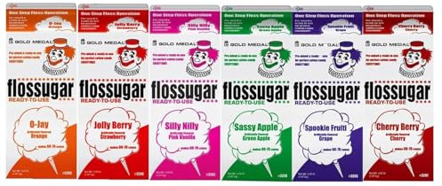 Cotton Candy Floss sugar Mix Flavors | Pack Of 6 | Orange, Strawberry, Silly Nilly, Green Apple, Grape, and Cherry Berry Flavors | 1/2 Gallon Cartons