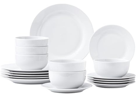 simpa Timeless 18PC Plain White Porcelain Dinner Set: 6 Dinner Plates, 6 Side Plates & 6 Bowls. Dishwasher & Microwave Safe.