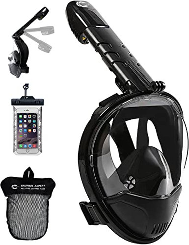 HELLOYEE Snorkel Mask 180° Panoramic View Breathe Free For Adults And Kids, Snorkeling Mask Full Face Anti-Fog Anti-Leak Design With Detachable Camera Mount (Foldable Black, L/XL)