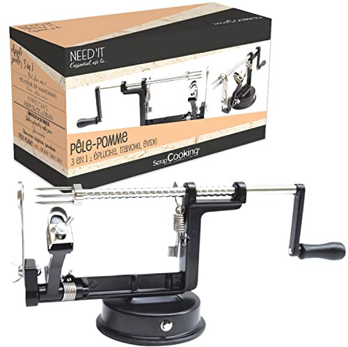 ScrapCooking - Sbuccia Mele 3-in-1 Need’it - Pela Mele in Metallo - Sbucciatore e Affettatore Professionale in Acciaio Inox per Pasticceria e Cucina - Sbuccia Mela a Manovella - Nero - 5255