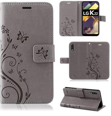 betterfon Hülle Kompatibel mit LG K61 | Premium PU Leder Handyhülle Wallet Case für K61 | Schutzhülle Blumen Klapphülle Handyhülle | Grau
