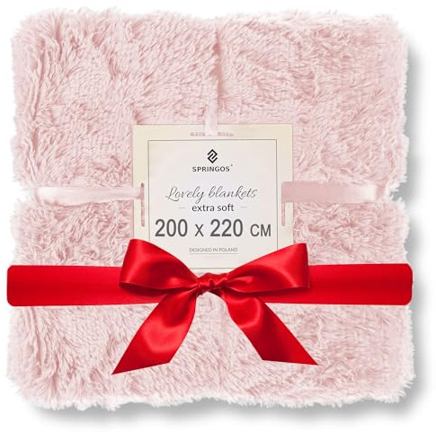 SPRINGOS Couverture/Plaid/jetée de lit en Fourrure synthétique/Peluche Double Face 200 x 220 cm ou 160 x 200 cm Rose poudré
