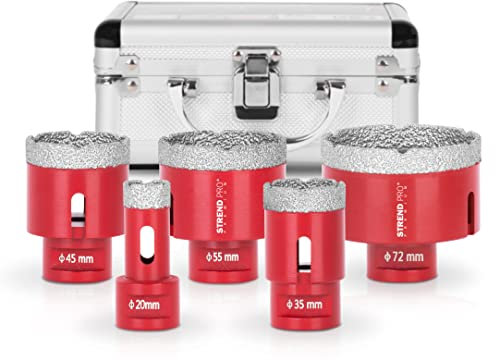 STREND PRO Diamant Fliesenbohrkrone Set für Fliesen/Glas/Feinsteinzeug | 20-35-45-55-72 mm | PREMIUM Lochsäge für Winkelschleifer Flex M14 | Alu KOFFER | Keramik/Granit/Steinfliesen, Fliesen Bohrkrone