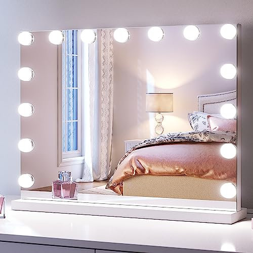 SONNI Hollywood Espejo de maquillaje, 58 x 46 cm, con 3 temperaturas de color, 15 lámparas LED, espejo cosmético grande con control táctil y función de memoria de brillo