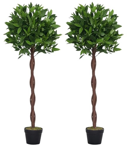 Outsunny Lauriers artificiels topiaires 1,20H m - Lot de 2 lauriers Boules artificiels - 741 Feuilles réalistes par Pied - Tronc Liane - Pot Inclus Noir Vert