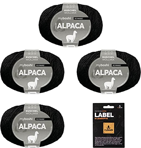 myboshi Alpaca-Wolle inkl. original Label in Lederoptik, zum Häkeln/Stricken, temperaturregulierend, angenehm weich, für Damenoberbekleidung Schwarz (Schwarz), 4 Knäuel