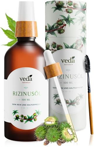 Veda Naturals® Rizinusöl (100ml) kaltgepresst– nachhaltige Verpackung–100% rein, Ricinus Communis -Castor Oil–gut für Augenbrauen, Haare, Bart, Wimpern und Nägel-Laborgeprüft-Cosmos Natural certified