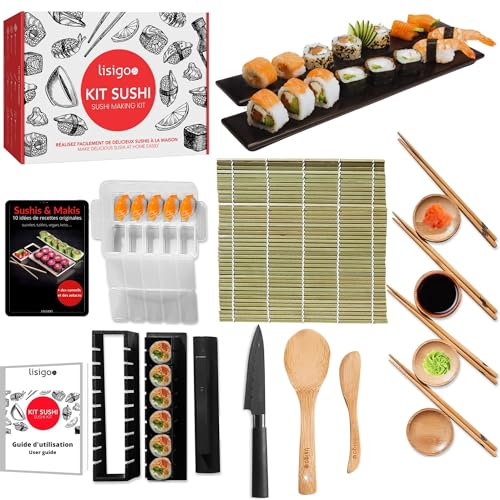 Kit de sushi maki maker completo – Aparato para hacer sushi makis – Estuche con alfombrilla de bambú, cuchillo japonés, varillas, molde de sushi, sin BPA, idea de regalo para hombre y mujer