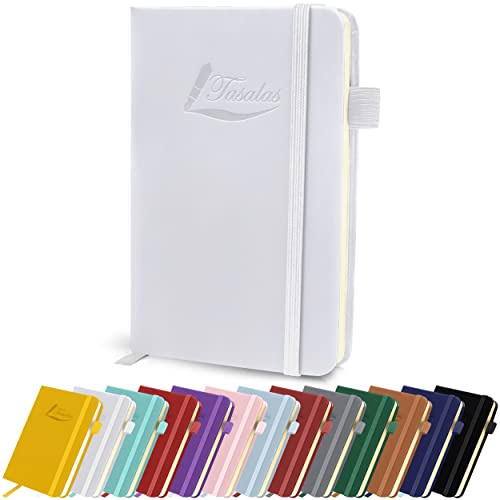 Tasalas Pocket Notebook Portable A6 Notebooks with Inner Pocket and Elastic Band - 80 GSM Lined Paper Notepad, 196 Pages (98 Sheets) Soft & Durable PU Leather Cover (White)