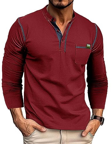RQPYQF Camisetas Henley de Manga Larga para Hombre, Camisas Casuales con Botones Cuello Henley para Hombre CS02 Tamaño S-2XL (VinoRojo, XL)