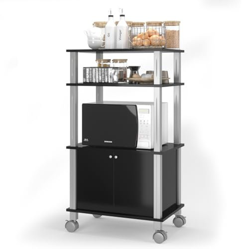 KOMFOTTEU Küchenwagen mit 3 Ebenen, Küchenregal mit Rollen und Schrank mit Tür, Beistellwagen aus Holz, Servierwagen, Organizer, Aufbewahrung für Esszimmer, 60 x 40 x 98 cm, Schwarz