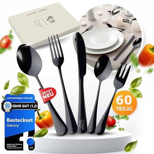 Glavory Lumina - Besteck Set 12 Personen Schwarz Hochglanz - 60teilig - Besteckset Spülmaschinenfest aus rostfreiem 18/8 Edelstahl - Schwarzes Besteck mit edler Verpackung