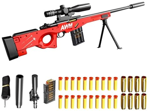 Leksak sniper pistol AWM manuell dragbult utkast skalet leksak pistol 130 cm avtagbar studsmatta spel för pojkar och vuxna mjuk skumpistol - röd