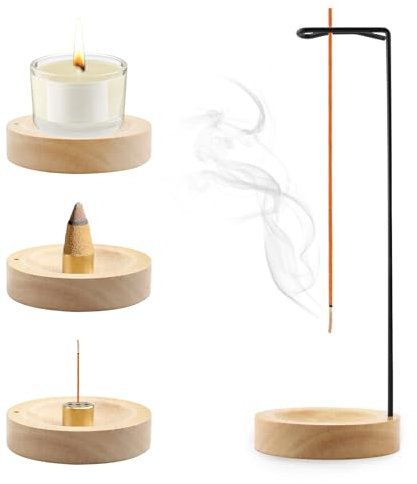 Porta Incenso per Bastoncini 2 in 1 con Base in Legno Fatto a Mano, Design Moderno con Bobina a Cono e Bruciatore di Incenso a 9 Fori, Perfetto per Casa, Ufficio, Meditazione e Yoga
