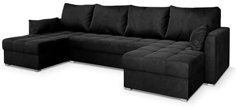 Masseno Ecksofa NAKO M mit Schlaffunktion U-Form, Sofa mit Bettkasten, Wohnzimmersofa, Couch, Soffa, Bettsofa, Couchgarnitur- Schwarz, Monolith 95