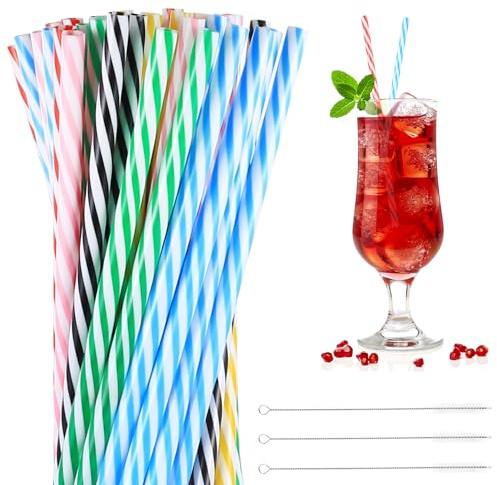 60 Pajitas Reutilizables para Cócteles - Pajitas de Plástico 23 cm - Coloridas para Smoothies, Zumos, Bebidas Frías/Calientes - Incluye 3 Cepillos Limpiador - Ideal para Hogar, Bares y Fiestas