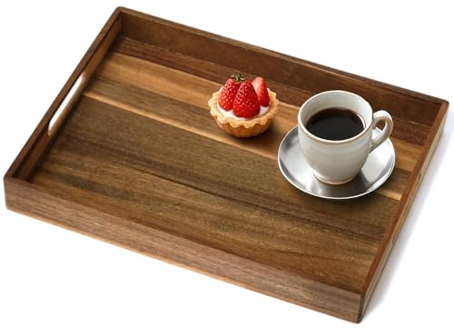Acacia Wood Serving Tray with Handles, 17 Inch Wooden Tray for Ottoman, Breakfast, Lunch, Dinner, Decorative Rectangular Tray for Living Room, Kitchen Counter, Outdoor