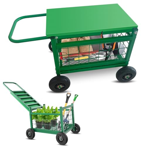 Rollbarer Gartensitz mit Kissen, Gartenhocker mit Rädern, Gartenwagen mit Griff und Aufbewahrungskorb, Geeignet für ältere Menschen