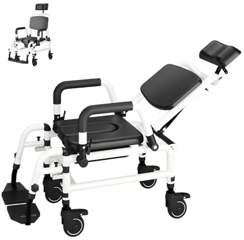 Silla WC Personas Mayores, Silla de Ducha con Ruedas Multifunción, Reposapiés Plegable, Asiento Ajustable y Respaldo Ajustable, Apto para Adultos Mayores, Postoperatorios y Personas con Discapacidad