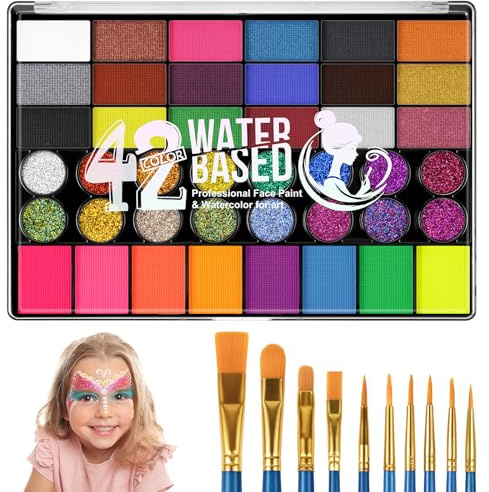 LOPHE Kit Peinture Corporelle Visage 42 Couleurs avec 10 Pinceaux, Palette Maquillage de Peinture Corporelle, Peinture à L'eau pour Le Visage et Le Corps pour Adultes, Enfants, Non Toxique