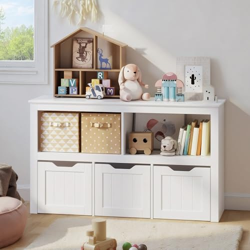 Blishom Armoire de Rangement pour Jouets d'enfants, Bibliothèque en Bois avec 3 Tiroirs à roulettes, 2 Compartiments Ouverts, pour Salon, Chambre et Salle de Jeux, 102 x 30 x 60 cm (Blanc)