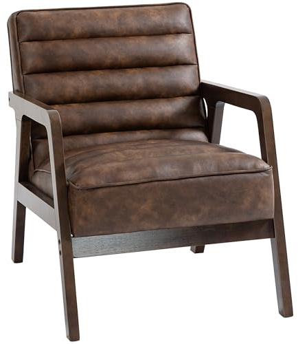 HOMCOM Butaca de Salón, Tapizado en PU, Sillón Lectura con Marco de Madera Maciza, Asiento Acolchado, Asiento Amplio, Butaca para Sala de Estar, Dormitorio, Marrón