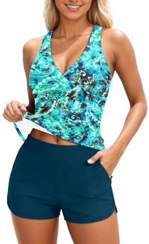 Tankini 2 pièces pour femme - Taille mi-haute avec fronces torsadées sur le devant