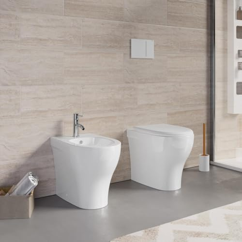 Sanitari a terra filomuro RIMLESS scarico traslato VORTICE bidet e vaso WC in ceramica con coprivaso softclose Domus VORTEX