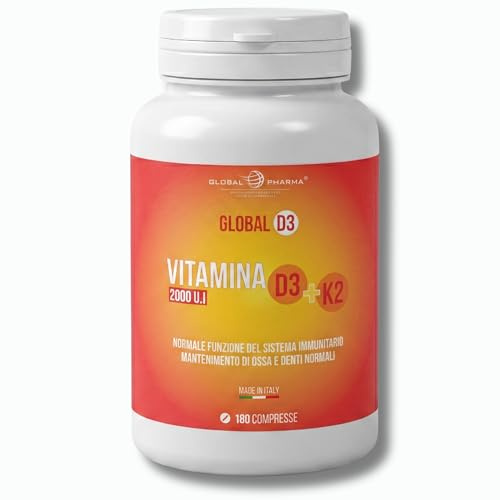 Vitamina D3 K2 2000 UI 180 Compresse 6 Mesi Colecalciferolo + Menachinone MK-7 Ossa Denti Muscoli e Sistema Immunitario Global Pharma Global D3