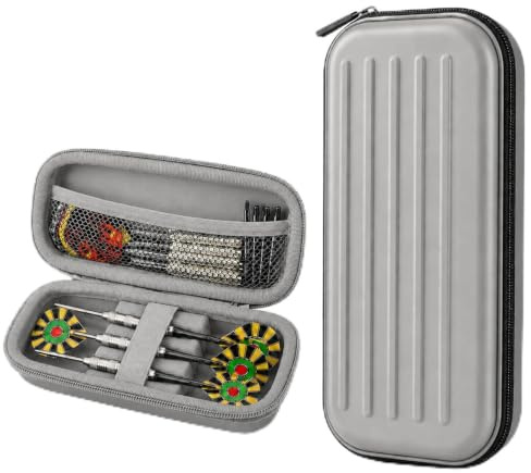 Njuten dartväska för 3 darts, med hållsystem mot glidning, Eva-pilhållare för steelarts eller softdart, och många fickor för pilspetsar, skaft, flights och andra piltillbehör, GRÅ, klassisk