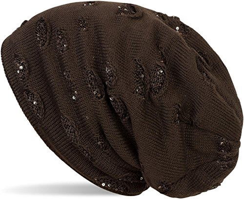 styleBREAKER Beanie för dam med paljetter,DunkelBrun