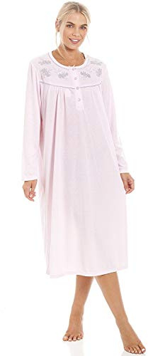 Camille Ladies Long Sleeved Nightdress | Below Knee Length | Neck Button Fastening Nightie with Embroidery | Traditional Nighty Design | Fleece | Classic Nightwear | Pink 18-20