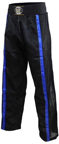 Bay Netz Mesh Kickboxhose Kampfsporthose Schwarz lang Mesh-Netzeinsatz Kontraststreifen in Blau seitlich Polyester Erwachsene Damen Herren Kinder Jungen Mädchen Größe 3XS (130)