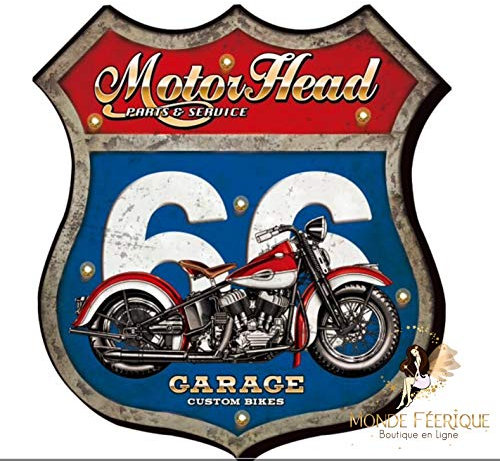 MONDE FEERIQUE Plaque Métal Lumineux Insigne Route 66 Motos 46cm
