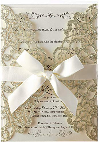 Hosmsua 50 biglietti di invito per matrimonio in pizzo floreale tagliato al laser con buste per addio al nubilato, fidanzamento, compleanno 50 pezzi vuoti inviti di nozze (glitter champagne)