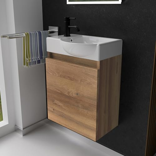 Alpenberger Gäste WC Waschbecken mit Unterschrank | Kleines Badmöbel 45 cm Breit | Waschtisch mit Waschbeckenunterschrank (Bamboo, Waschbecken - Rechte Seite)