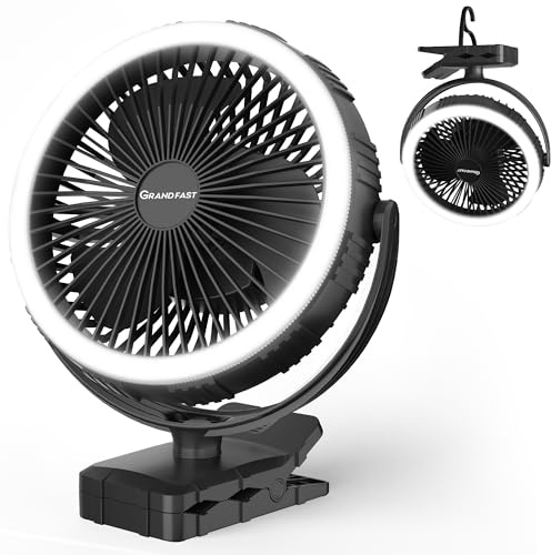 10000mAh Portable Fan with Clip, Rechargeable Clip On Fan with Light & Hook, 3 Strong Airflow & Timer, Battery Powered, Clamp On Desk Fan for Travel Outside Camping Sleep Bedroom Office RV Hurricane