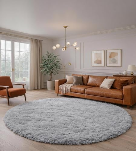 MARATIP Teppich Rund Kinderzimmer 100 cm Grau Schlafzimmer Hochflor-Teppich Waschbarer Buro Weicher Flauschige Modern