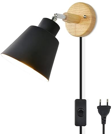 Lampada da parete con spina Macaron Lampada da parete con interruttore E27 Lampada da comodino in legno per soggiorno e camera da letto Lampada da parete con spina regolabile 110/220v(Black Plug)