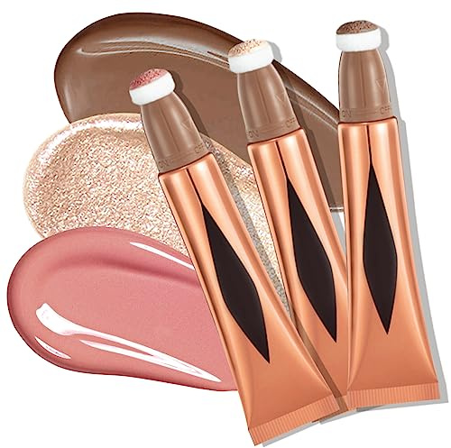 Ofanyia 3Pcs Highlighter & Blush Contour Beauty Wand, Liquid Face Concealer Contouring with Cushion Applicator, Natural Matte Finish Stick, Blendable Super Silky Cream ContourStick 12ml 30g