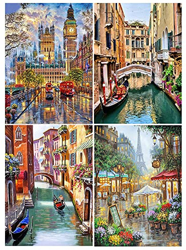 DCIDBEI Kit Di Punto In Cuore 40x50cm - 4 Pezzi Castelli, Città, Torre Eiffel, Londra, Italia