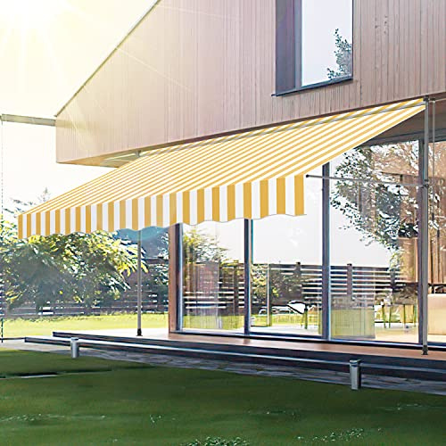 Ikodm Klemmmarkise mit Handkurbel 250cm Gelb Weiß Balkonmarkise ohne Bohren, UV-beständig 50+ höhenverstellbar Sonnenschutz wasserabweisend, einfache Montage