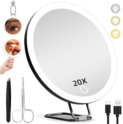 20 x förstoringsspegel med ljus, 15 cm sminkförstoringsspegel med 3 färglampor som dämpar 20 x sminkspegel med förstoring, upplyst förstoringsspegel för resor, 3 sugkoppar, 360° justerbart stativ