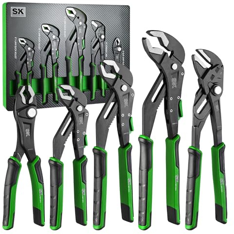 SK 5-Piece Pliers Set, 8 Adjustable Joint, 8, 10 and 12 Quick Adjust V-Jaw Groove Joint, 10 Pliers Wrench, Premium CR-V Construction, with EVA Foam Tool Organizer