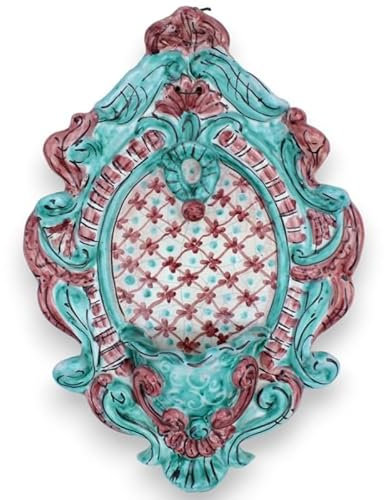 SICILIA BEDDA CAPACI Acquasantiera in Ceramica Siciliana - h 30 x L 20 cm ca. Fondo Verde e Bordeaux, Decoro Merletto MD1