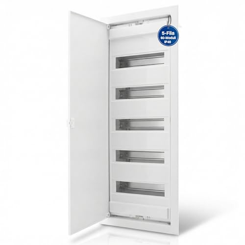 Intratec Coffret Électrique Encastré 5 Rangées – Tableau de Distribution IP40 pour 60 Modules avec Porte Métallique Blanche et Rail DIN pour Installations Électriques Intérieures – 346 x 94 x 842mm