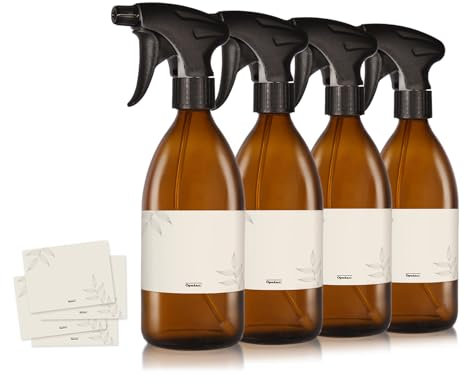 Oputec 4 x 500ml Sprühflaschen aus Glas zum Befüllen mit ergonomischem Sprühkopf + Etiketten - Leere Wassersprühflasche für Pflanzen, Blumen, Reinigungsmittel, Haarpflege und mehr
