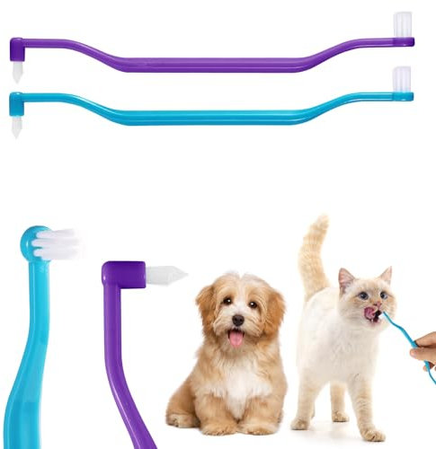 2 Stück Katzenzahnbürsten, Doppelseitig Katzenzahnreinigungsbürste mit Mikrobürstenkopf und gebogenem Griff Tiefenreinigung für Kätzchen Katzenzahnpflege Zubehör (Blau Lila)