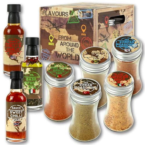 Kimm & Miller Around The World Seasoning Set - 9 Sauces Oils & Spices for Cooking - Korean BBQ Rub, Fajita Seasoning, Jamaican Blend, Sweet Chilli Sauce & More - Cooking Gifts for Men & Women